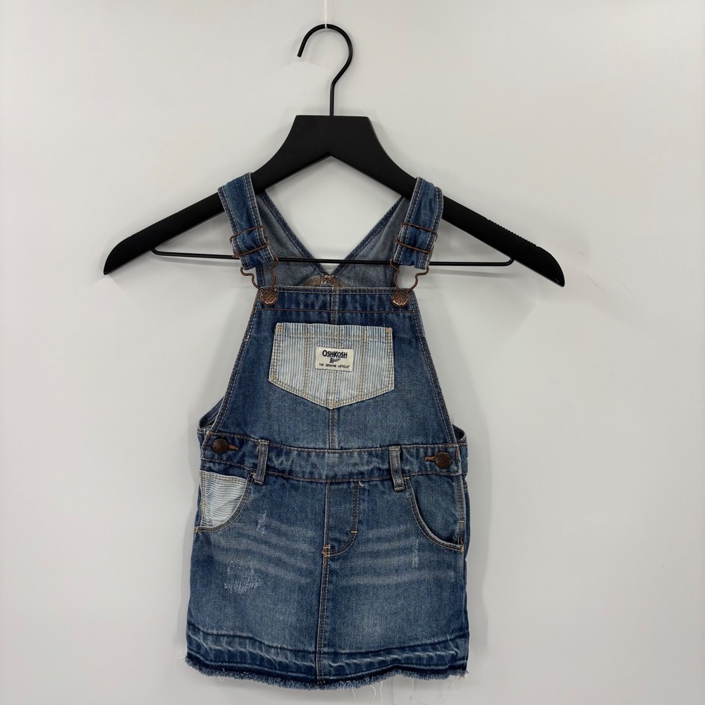 OshKosh B'gosh Denim Overall Dress Kids 3T Blue Distressed Hickory Stripe Jumper